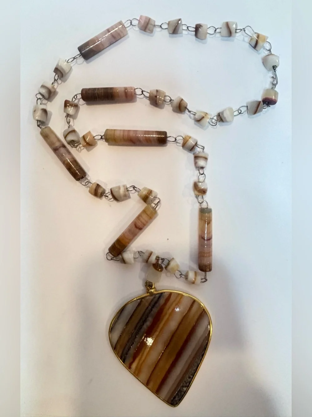 Vintage Banded Agate Pendant Necklace Natural Stone Statement 26”